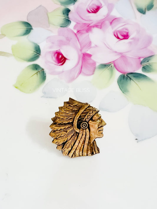 Aged Brass Native American Head Hat Pin profile