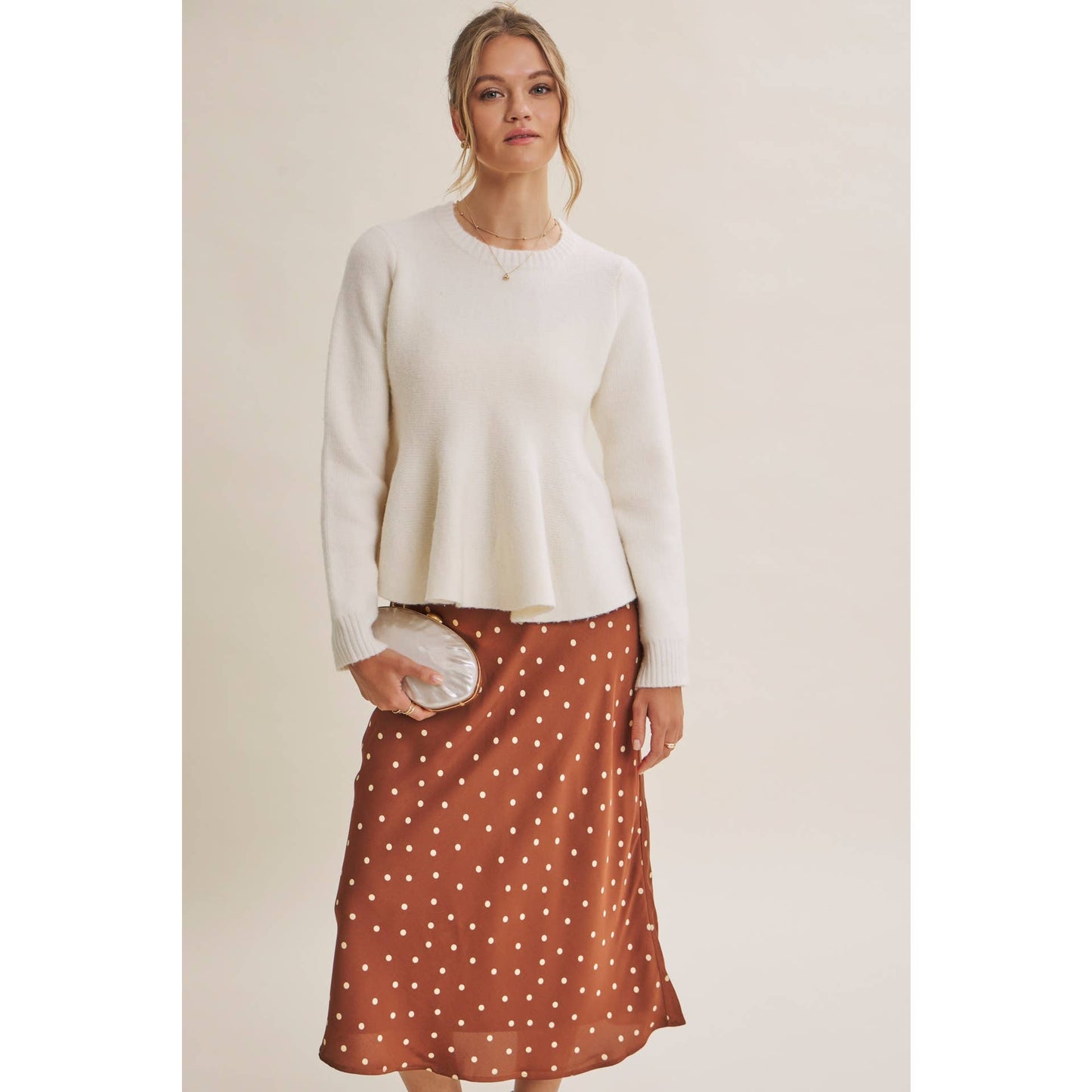 NOSTALGIC AND MODERN SATIN POLKA DOT BIAS MIDI SKIRT: CAMEL/BEIGE / M