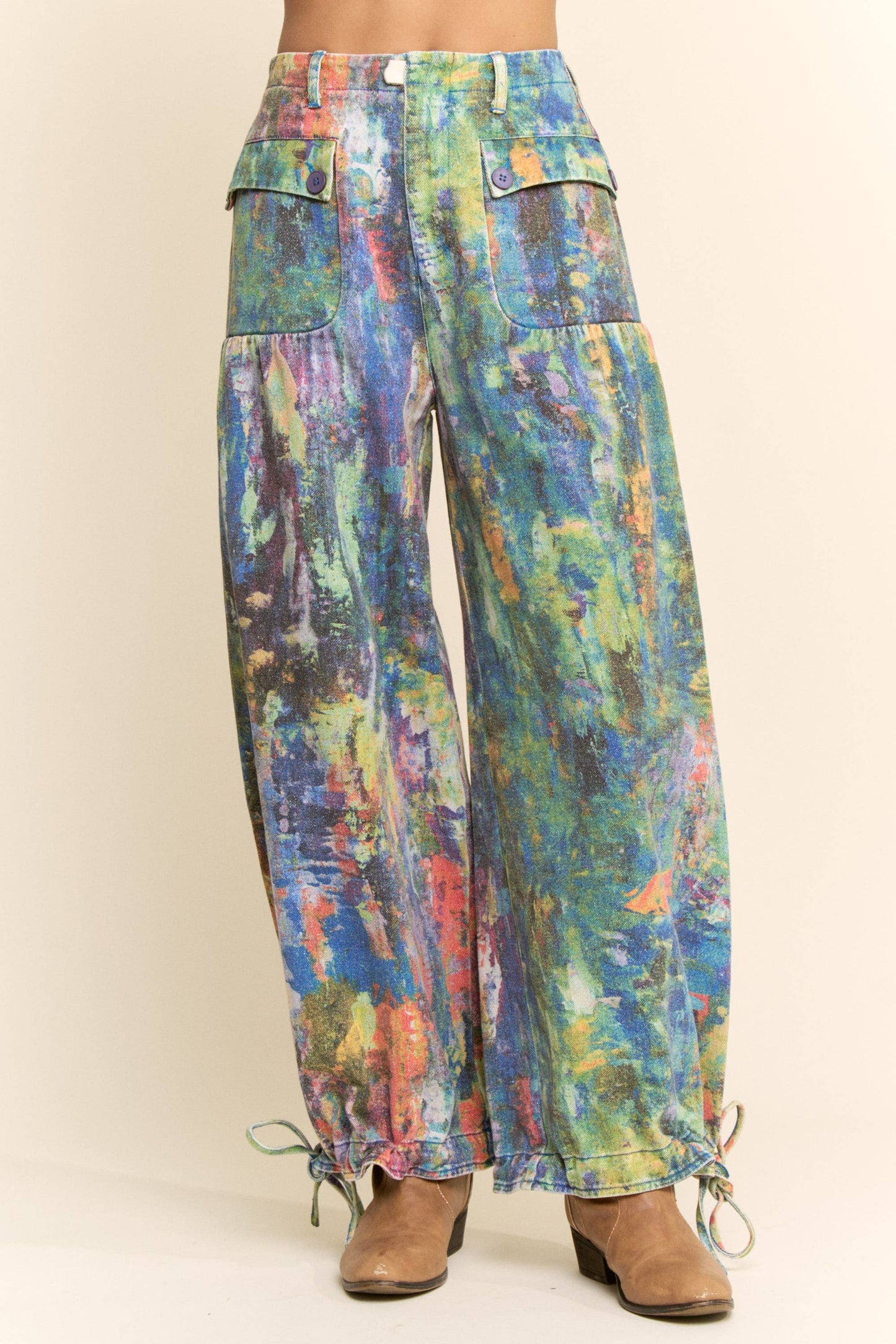 Lime Green and Cobalt Paint Printed Denim Pants