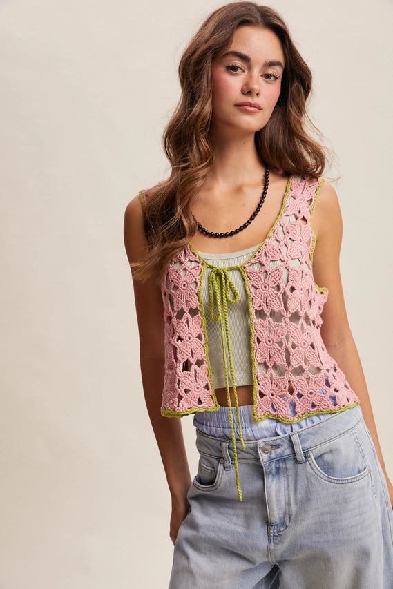 Strawberry Crochet Flower Tie-Front Vest