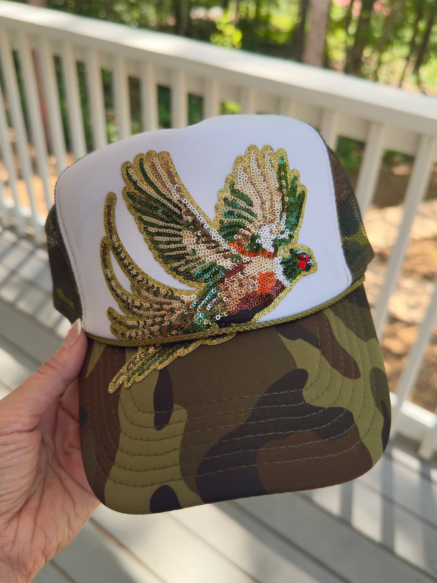 Tan Sequin Pheasant Trucker Hat