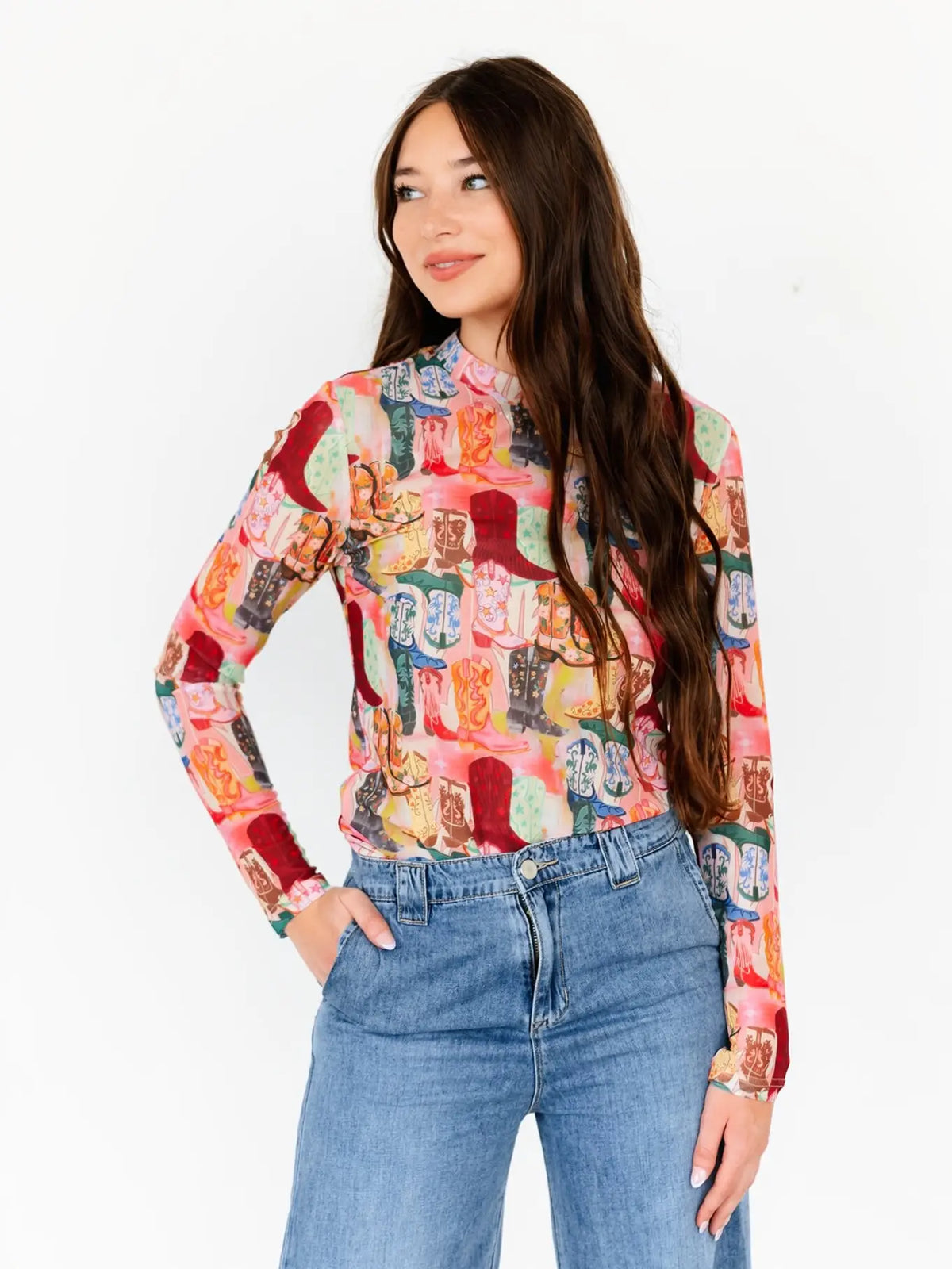 Boot Scootin’ Cowboy Boot Print Mesh Top