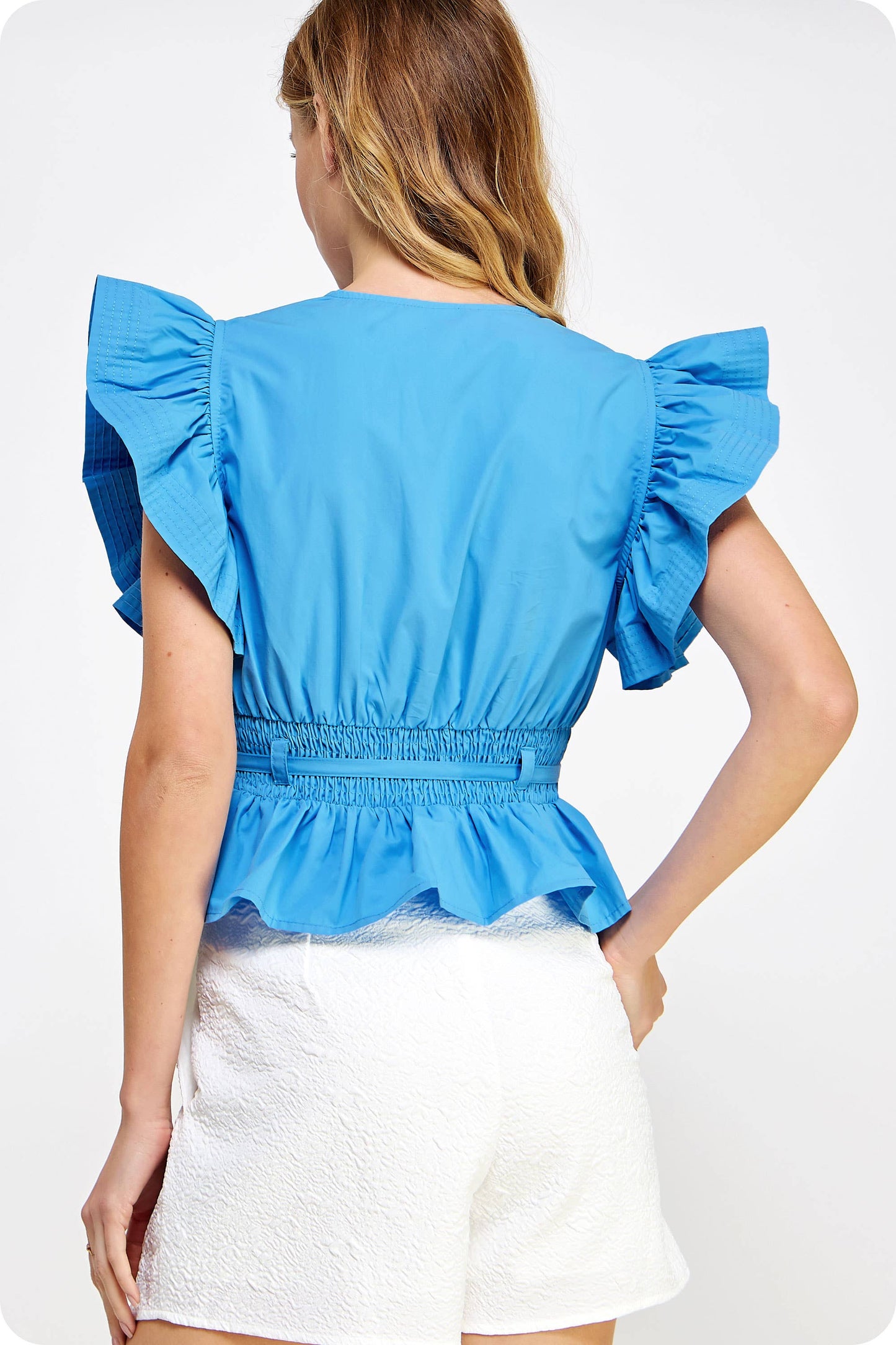 Flutter Sleeve Peplum Poplin Top: Red / M