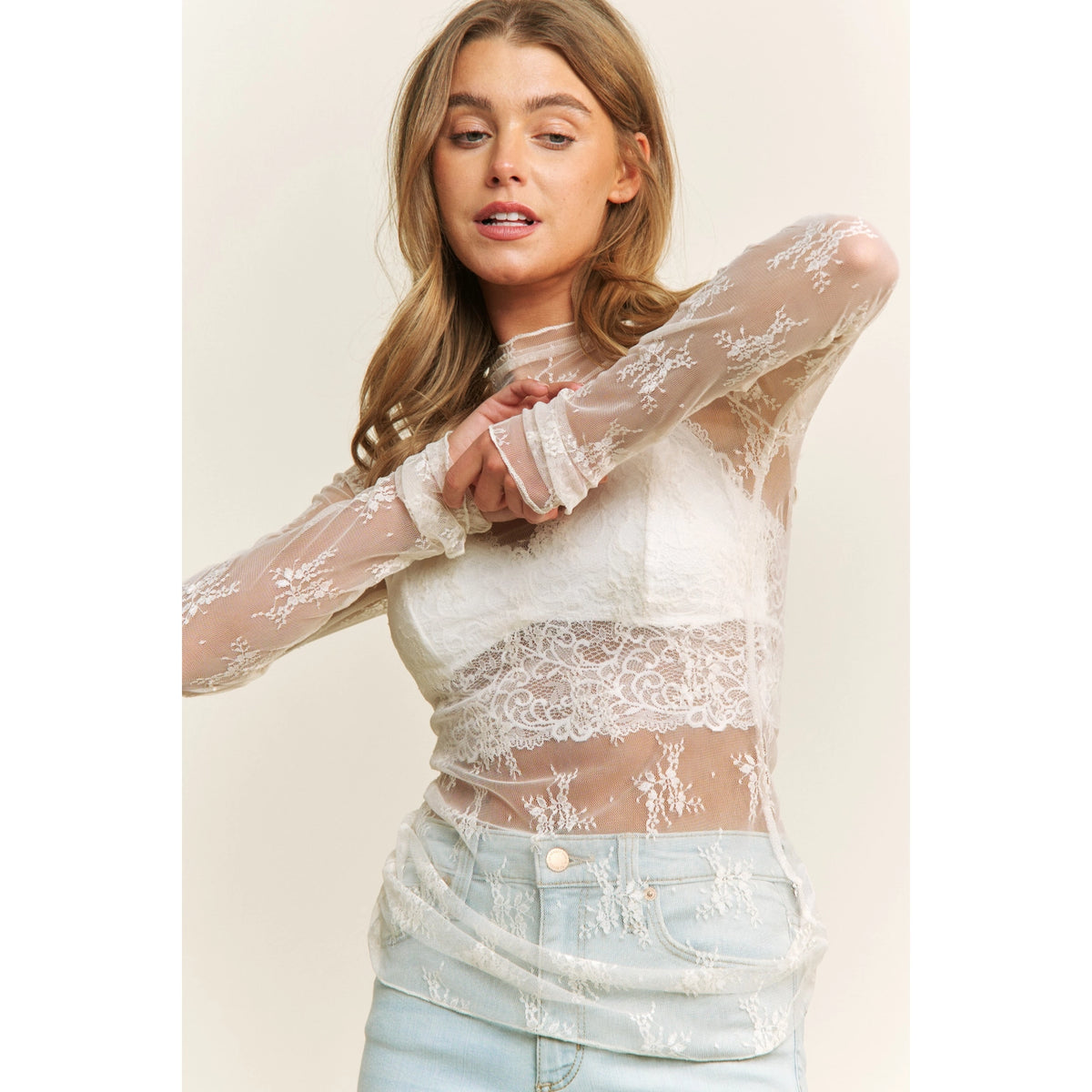 Cream Sheer Lace Long Sleeve Mesh Top
