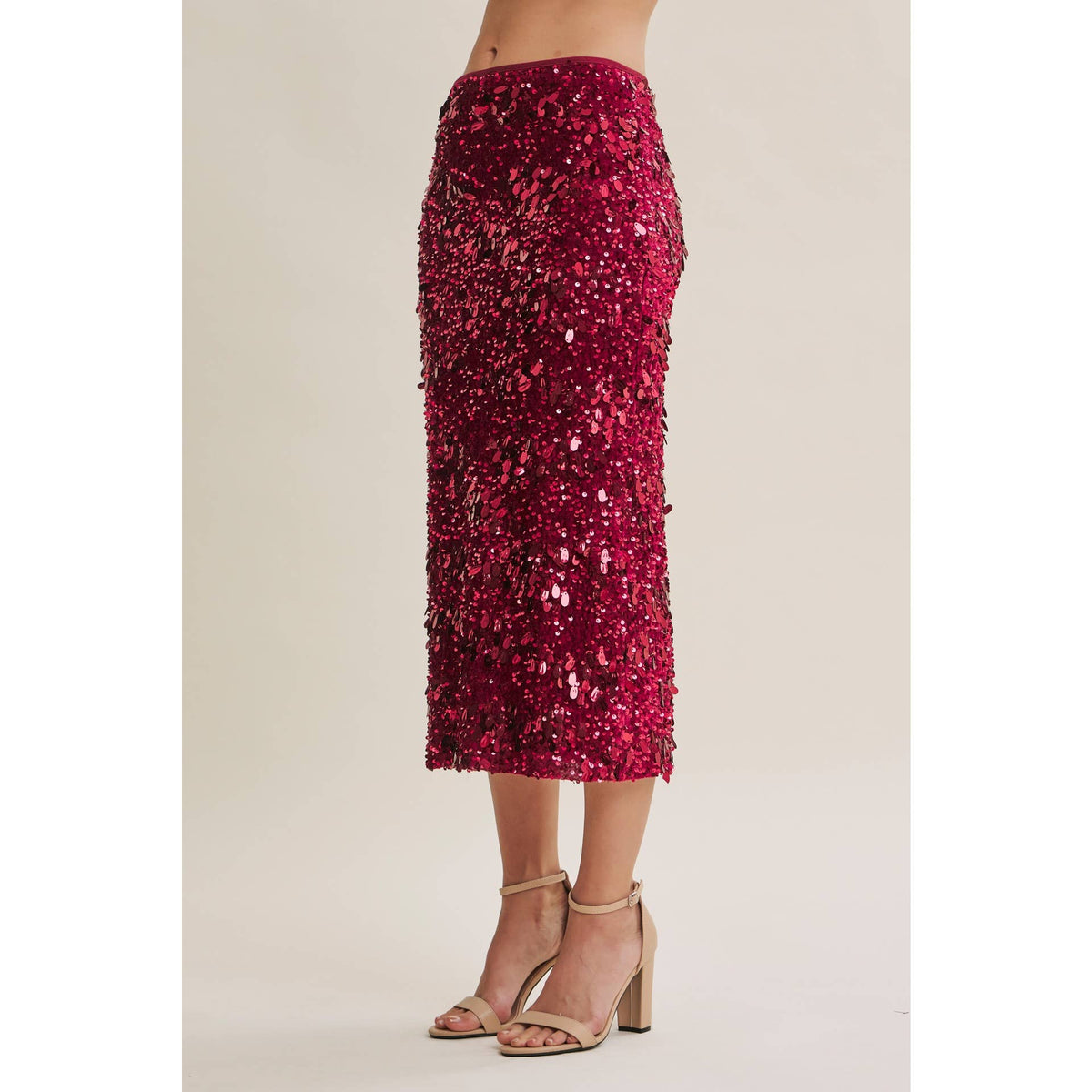 Harvest Glow Sequin Midi Skirt in Cranberry Kiss
