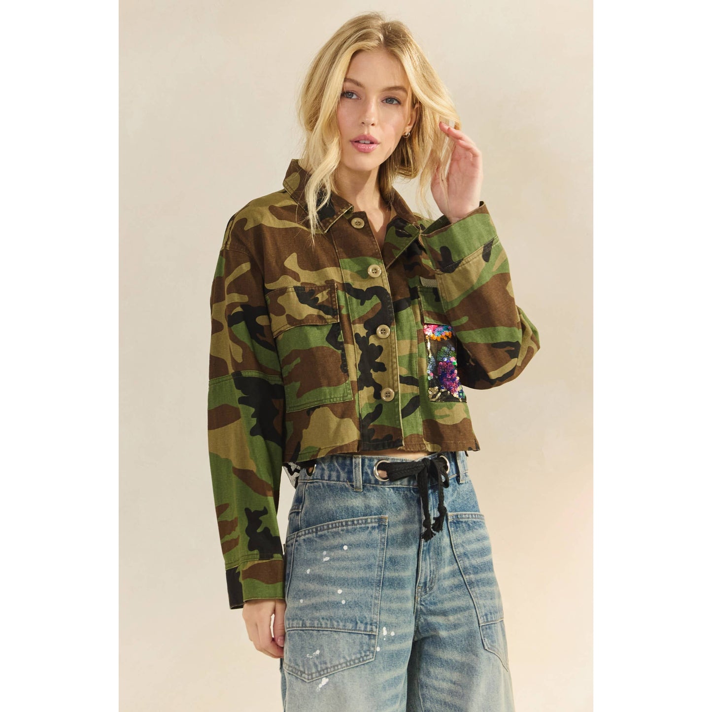 Camo Contrast Jacket: Camo Sequin
