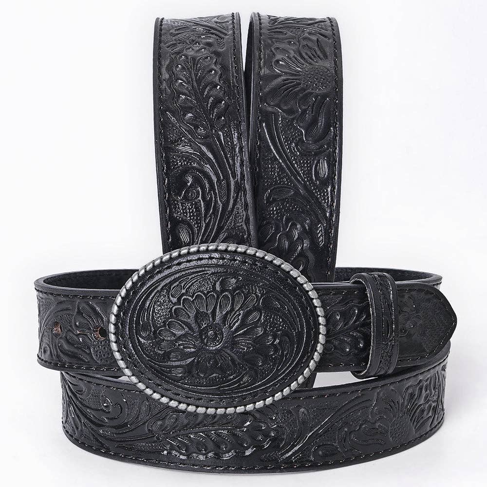 Hand-Tooled  - Black Floral Western Leather Belt with Oval Buckle