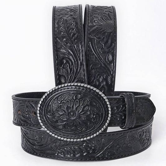 Hand-Tooled  - Black Floral Western Leather Belt with Oval Buckle