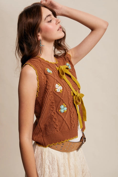 Brown Bow-Tie Floral Knit Vest