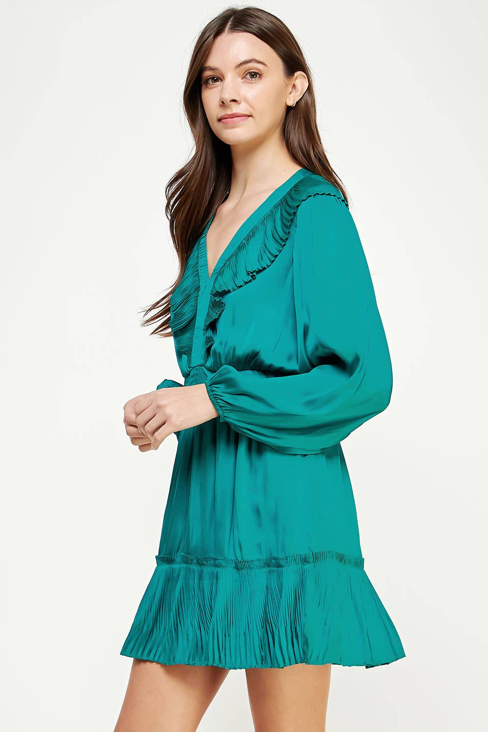 Teal Pleated Bib Detail Satin Mini Dress