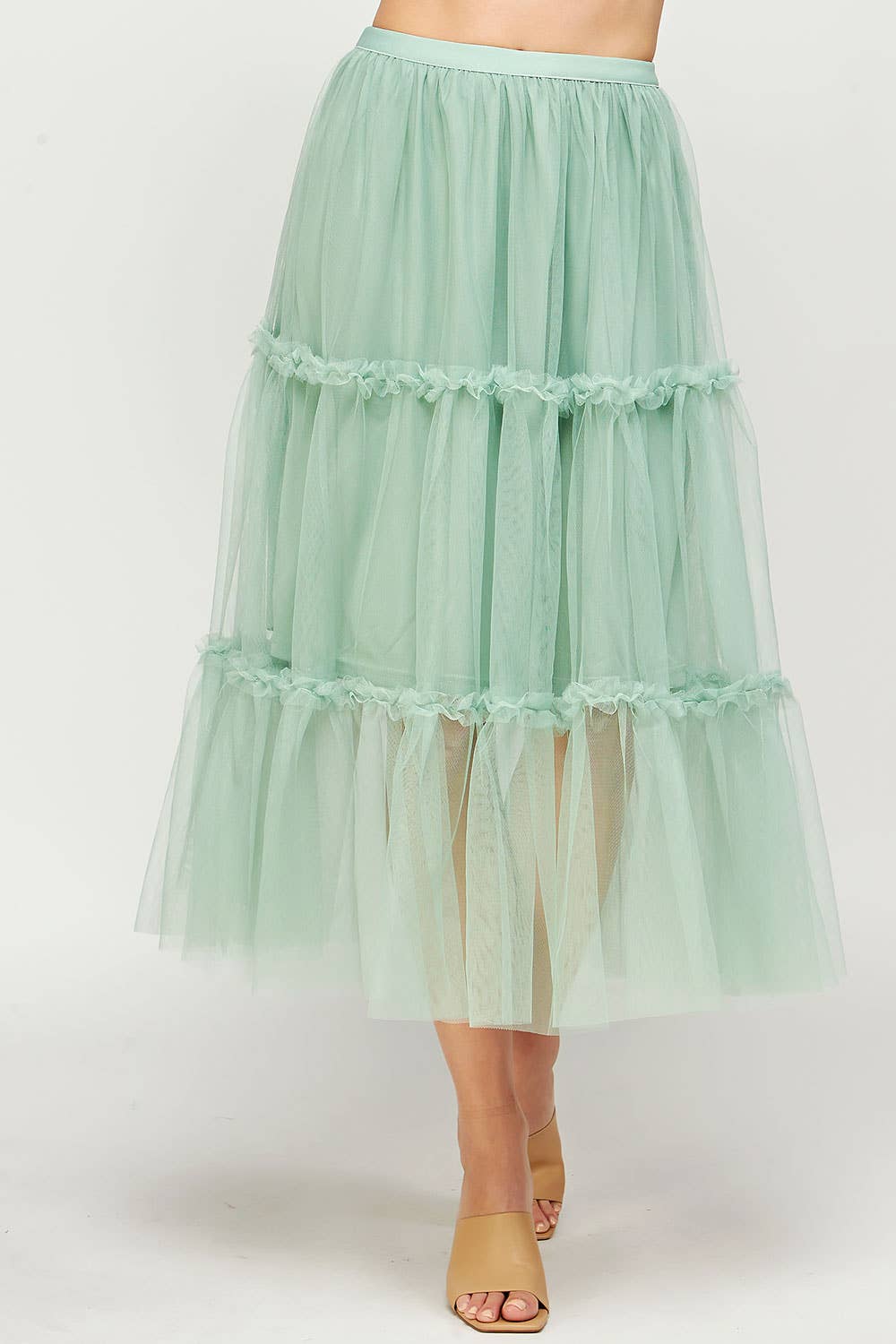 Sage Green Tulle Midi Skirt With Mini Ruffles