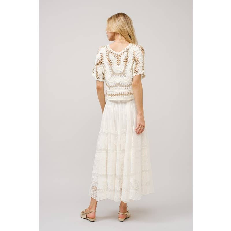 Crochet Metallic Short Sleeve Thread Crop Top: TAUPE / S-M-L(2-2-2)