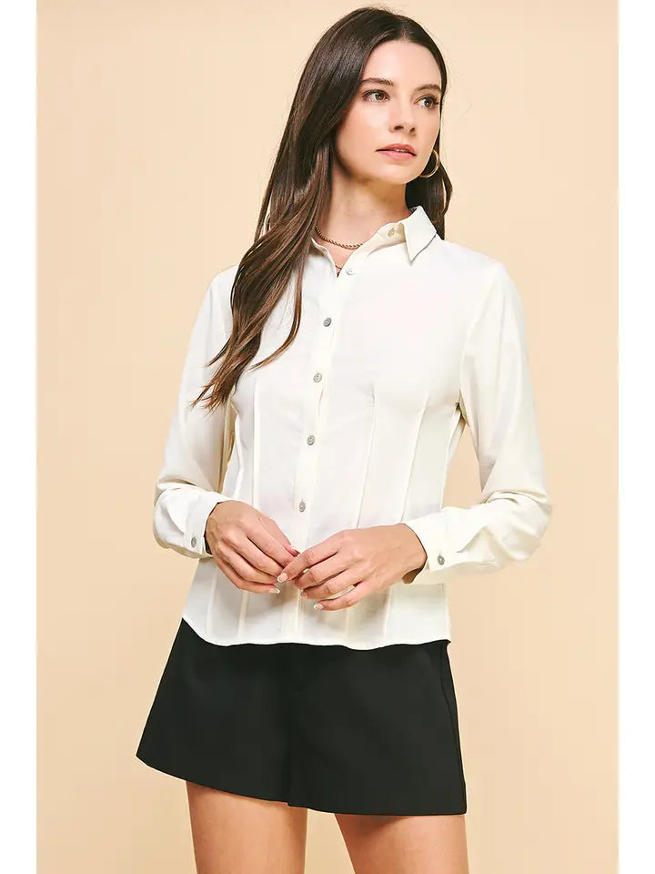 Pintuck Beige Button Down Shirt