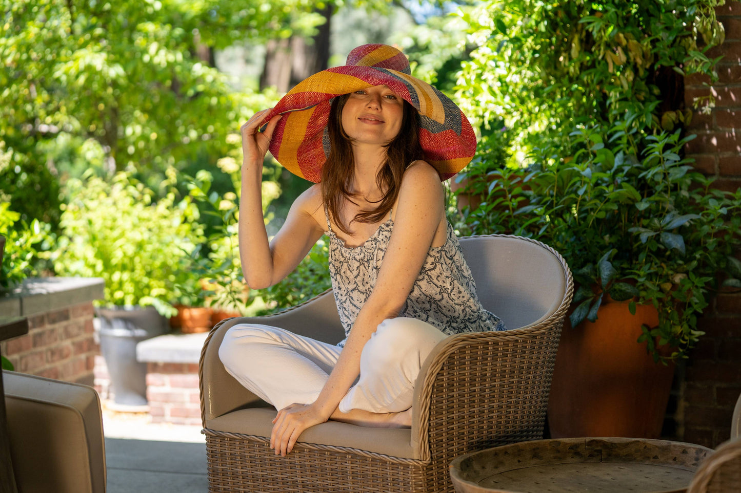 Monica Sassafras 7" Wide Brim Stripe Packable Straw Sun Hats