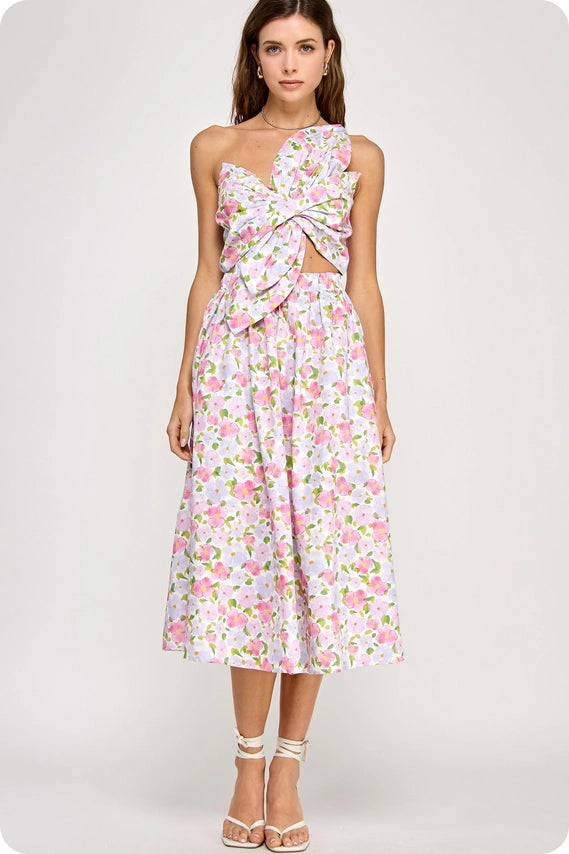Pink Knotted Flower Bow Floral Print Midi Dress