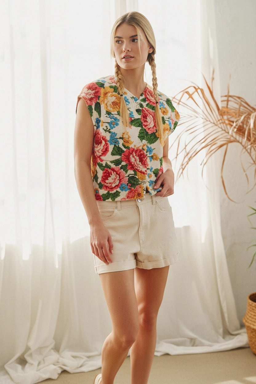 Floral Tapestry Button Knit Top