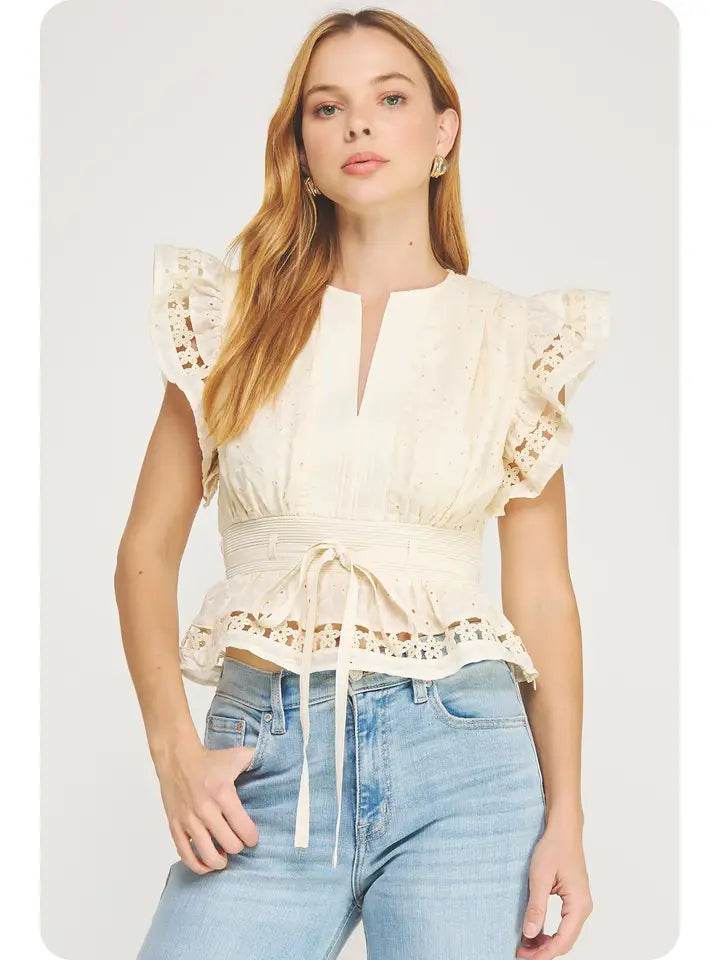 Cream Eyelet Lace Trim Flutter Sleeve Peplum Top