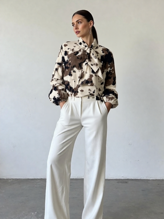 Beige Cow Animal  Print  Ribbon Blouse