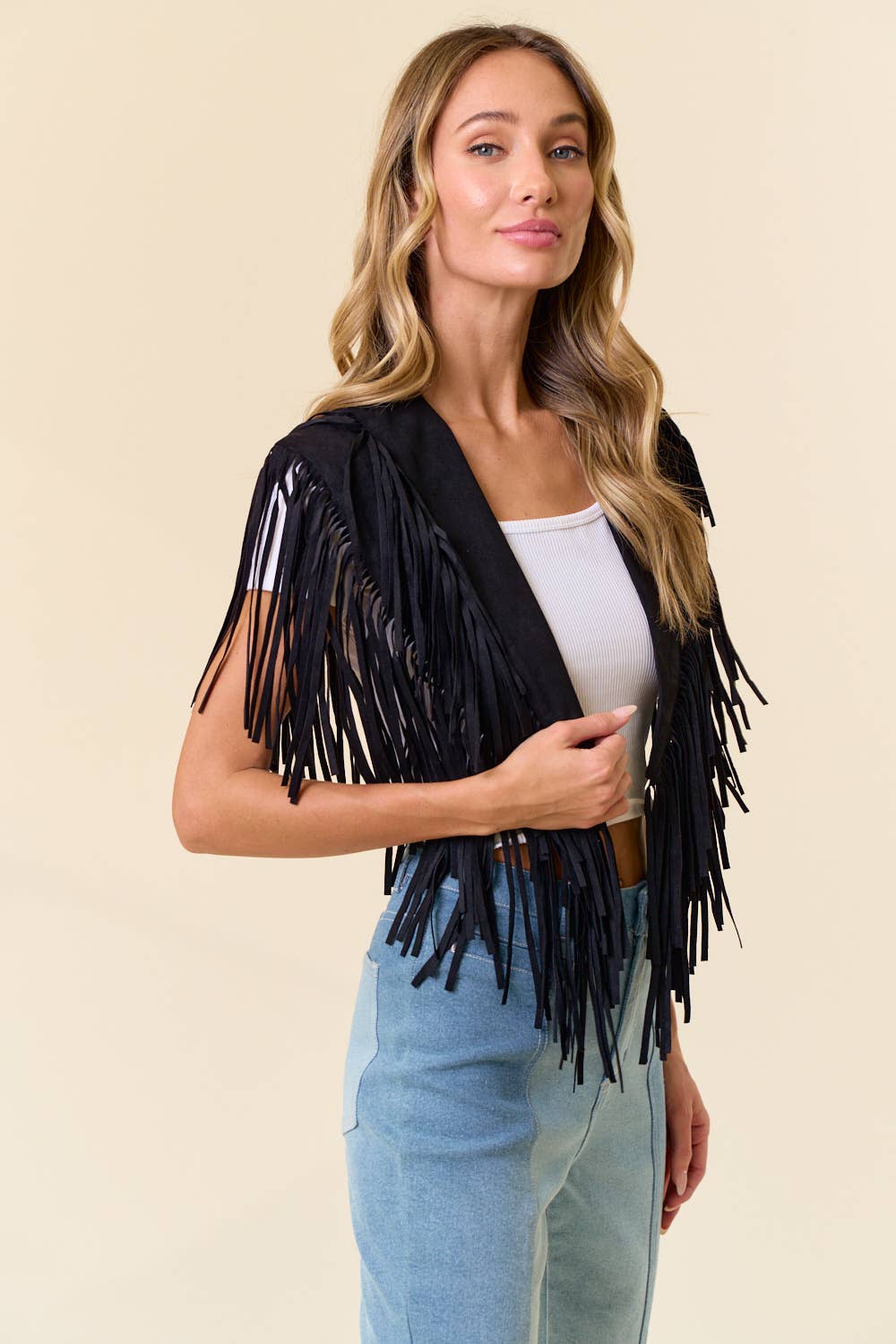Black Fringe Suede Collar Shrug
