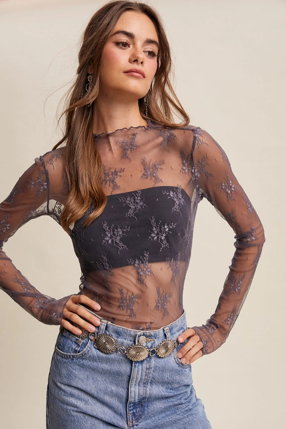Midnight Sheer Lace Long-Sleeve Top