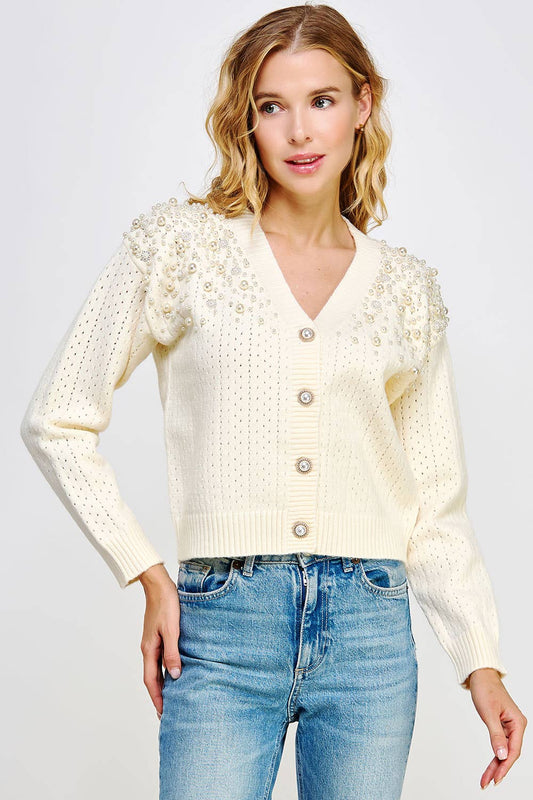 Cream Pearl Studded Eyelet Knit Cardigan Sweater