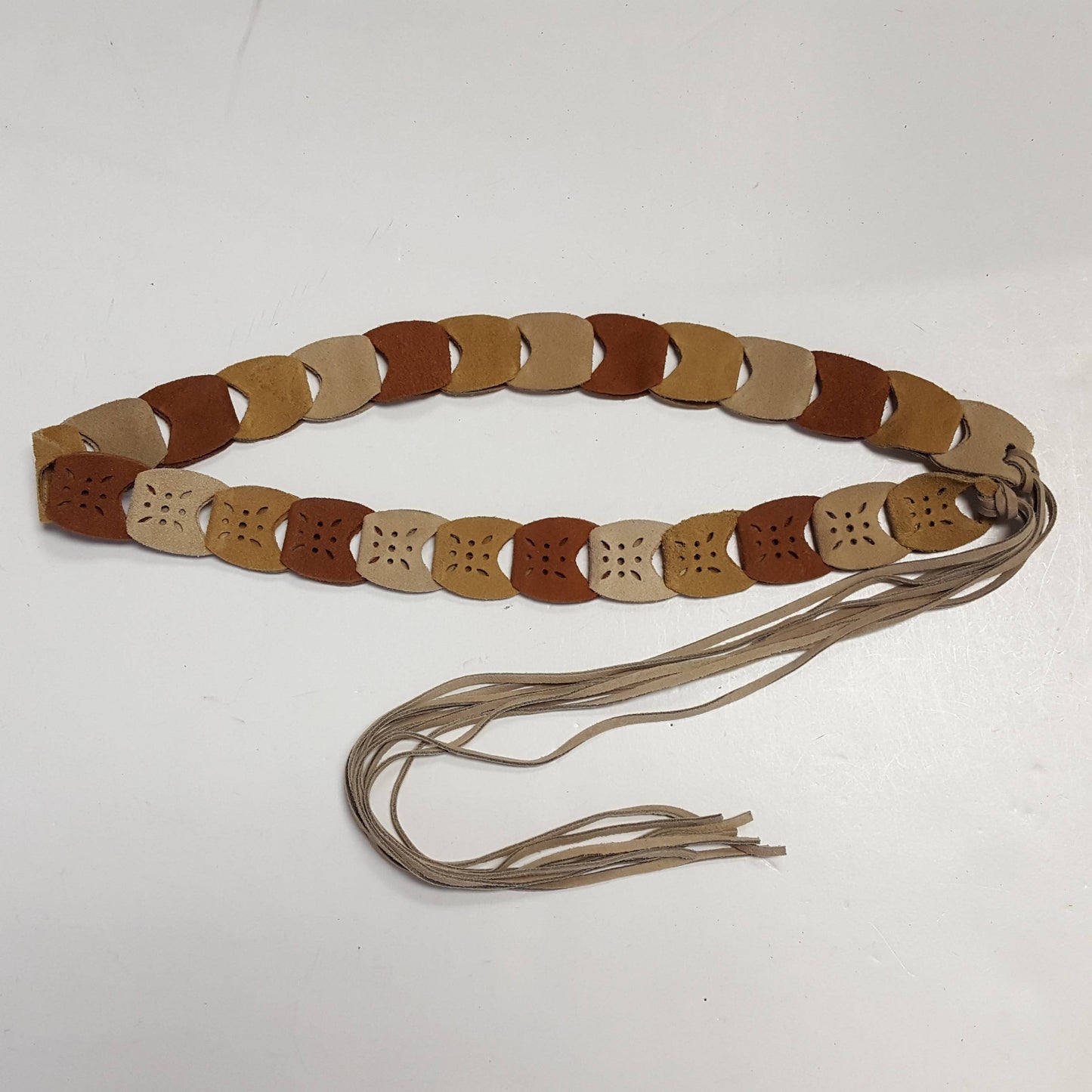 Genuine Suede Link Belt with Fringes: Brown/Sand