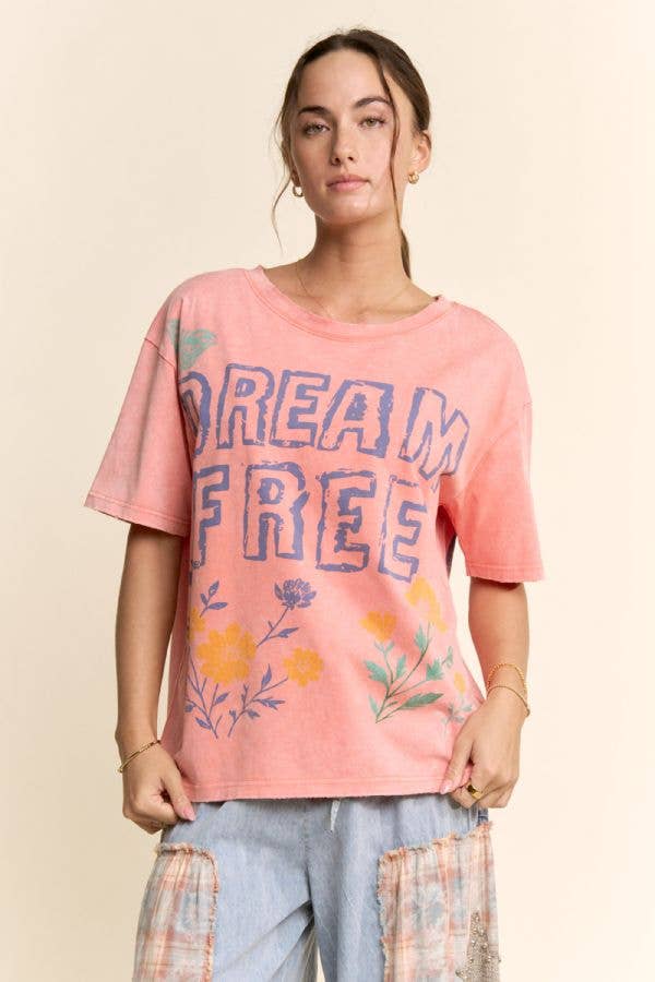 DREAM FREE FLORAL GRAPHIC MINERAL WASH TOP: Charcoal - L