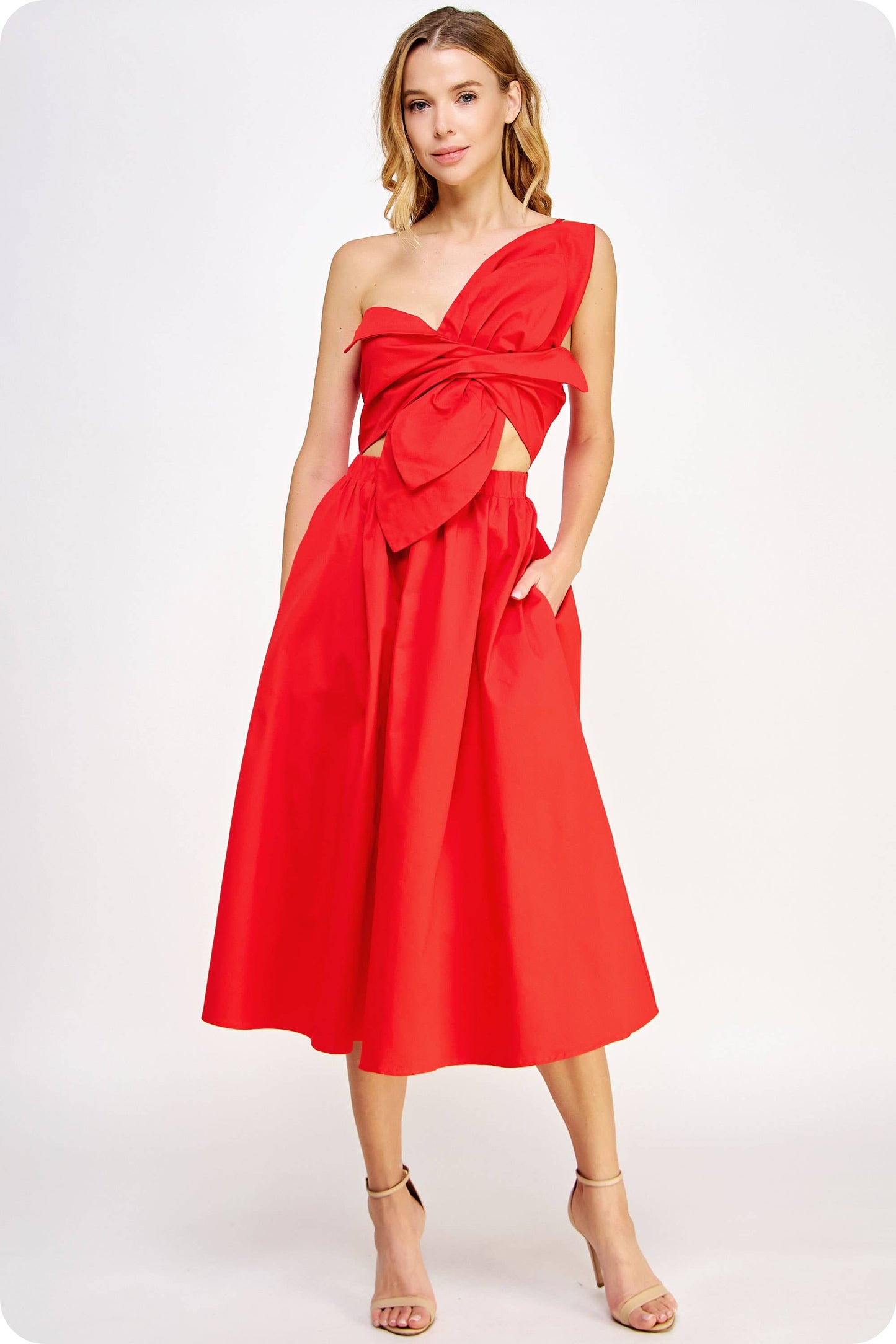 Knotted Flower Bow Midi Dress: Cherry Red / S