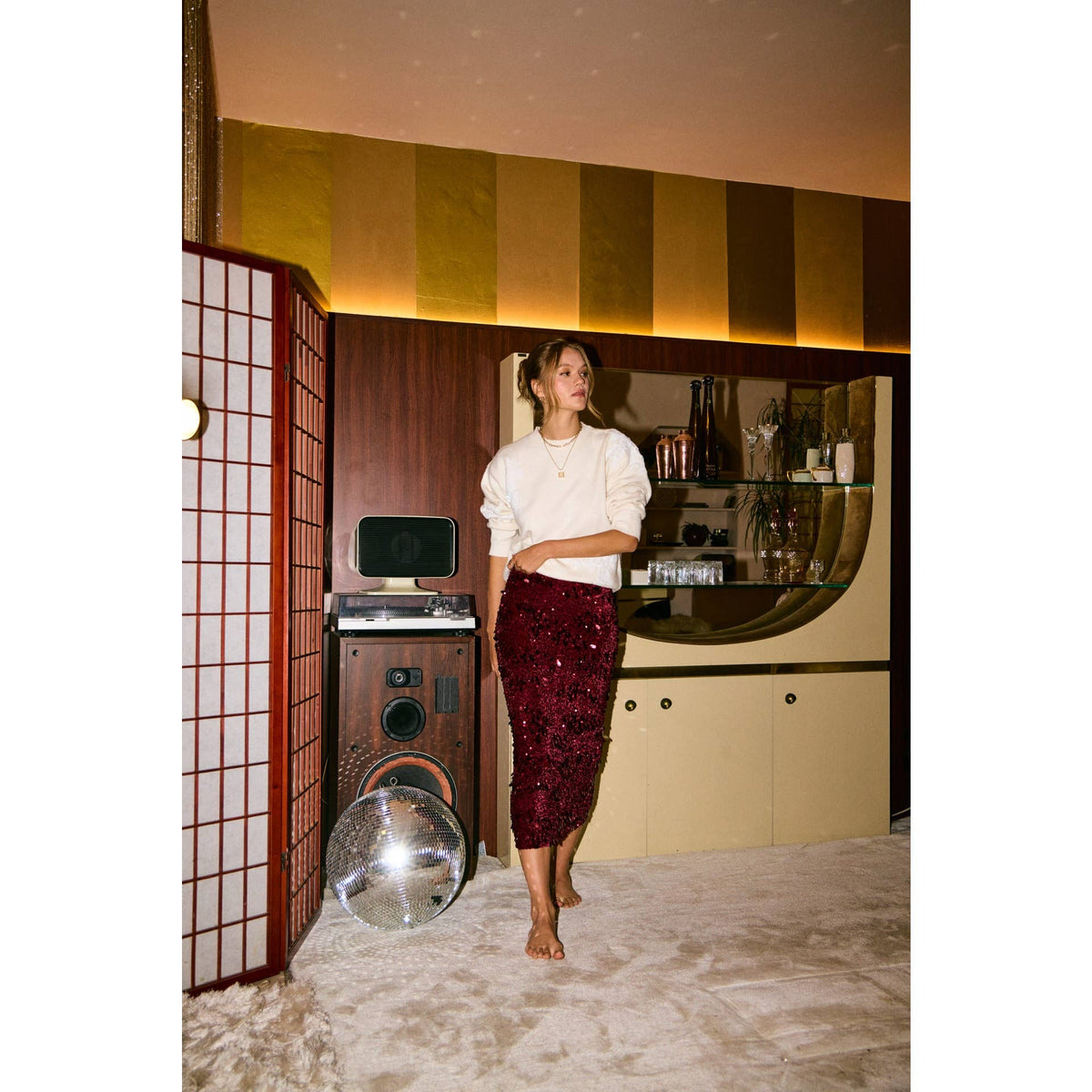 Harvest Glow Sequin Midi Skirt in Toasted Pecan