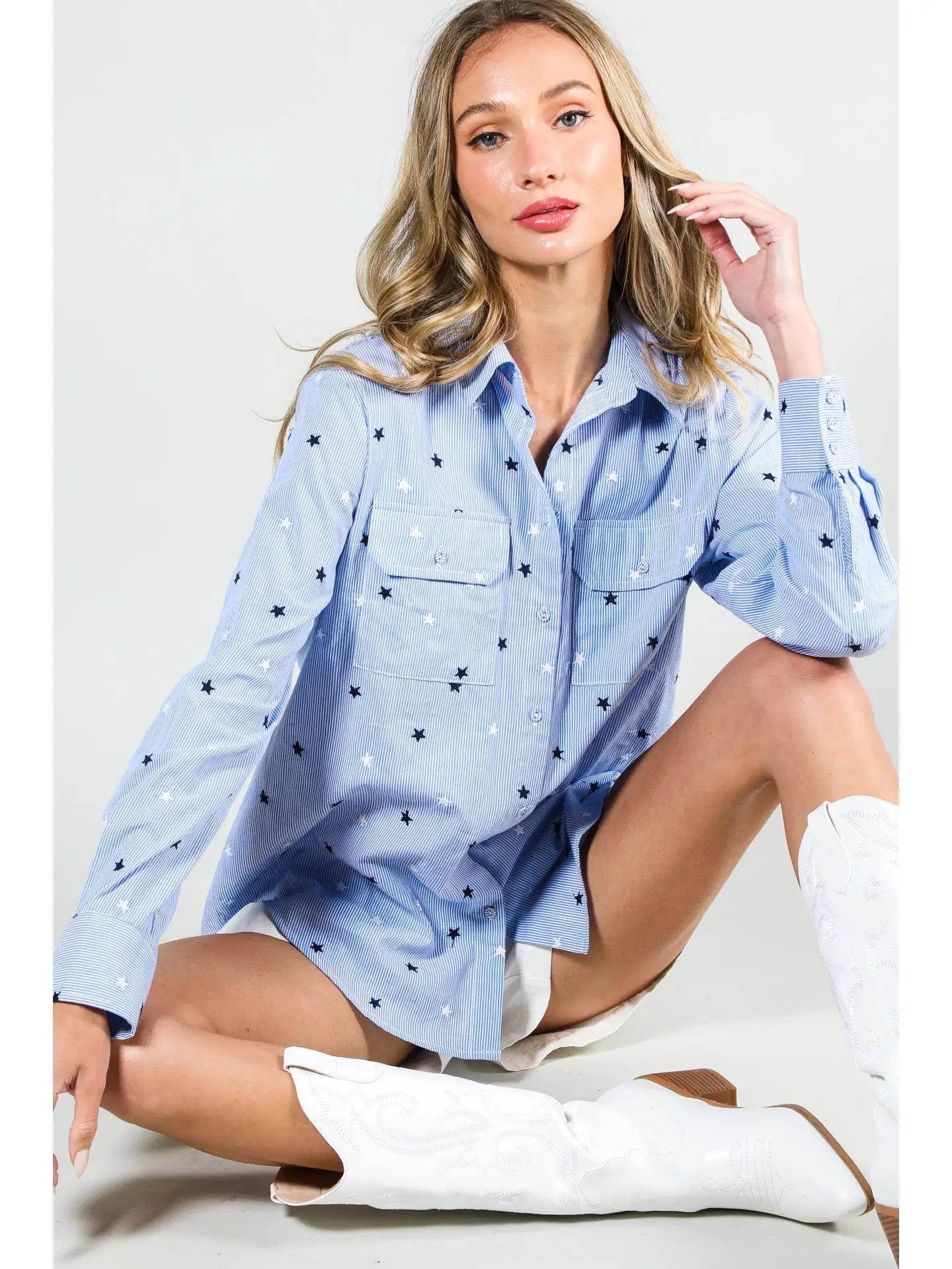 Star Embroidery Stripe Collared Button Up Top