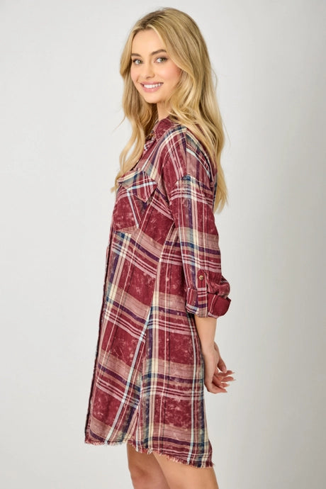 Maroon Plaid Button Up Dress