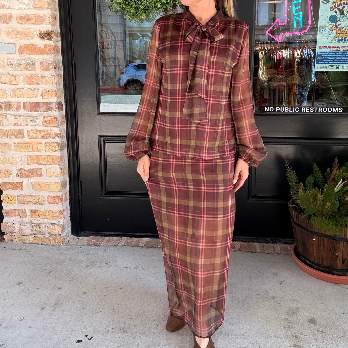 After Hours Sheer Plaid Midi Skirt (part of a set)