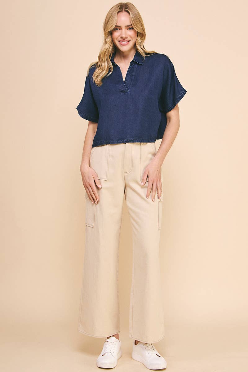 Washed Chambray Collared Dolman: Dark Wash