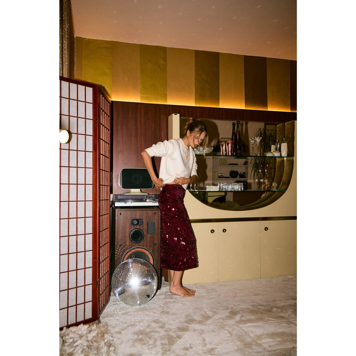 Harvest Glow Sequin Midi Skirt in Cranberry Kiss