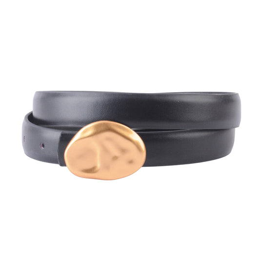Black/Gold Stitched Clean Leather Belt with Asymmetrical Buckle