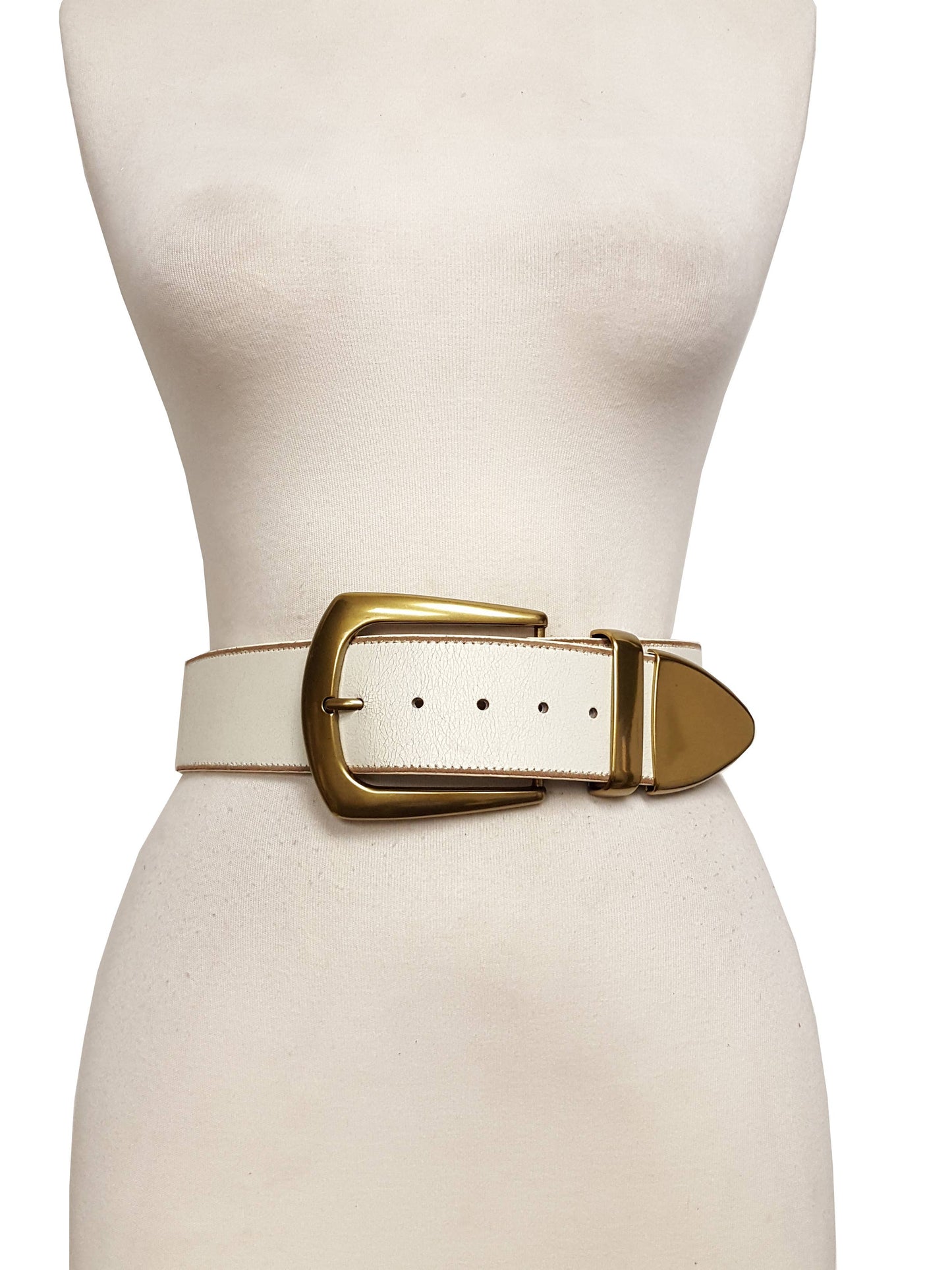 Cream Wide width Leather belt with Statement Buckle
