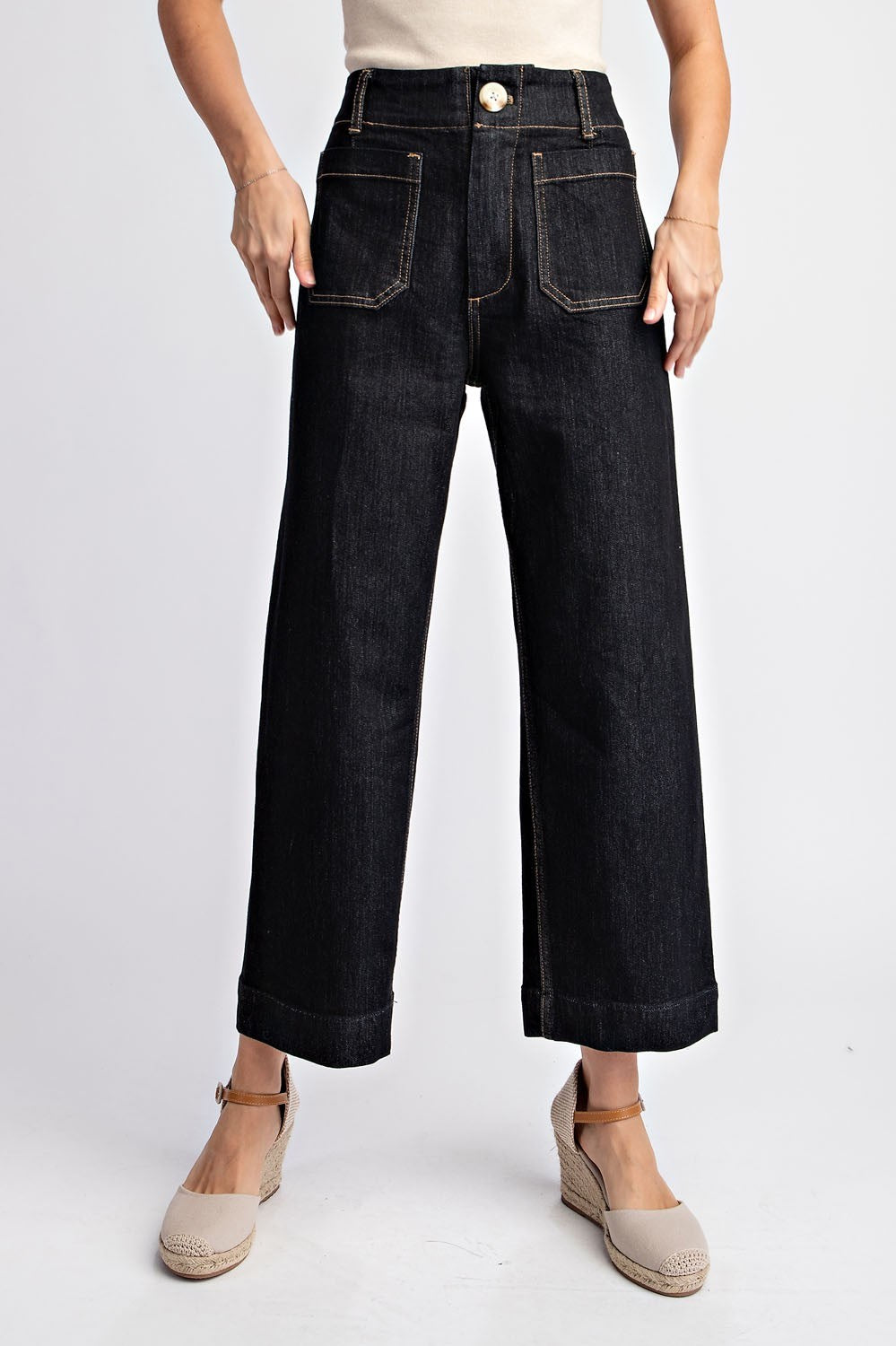 Black Denim Cropped Straight Leg Pants