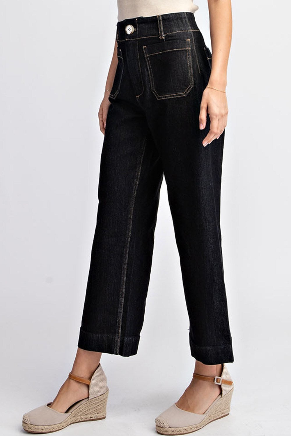 Black Denim Cropped Straight Leg Pants