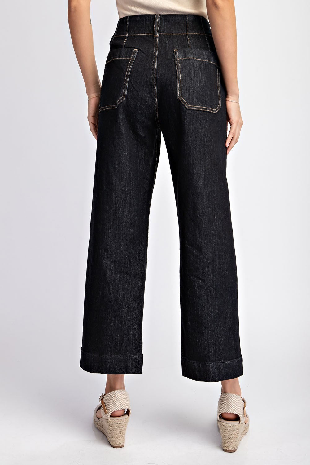 Black Denim Cropped Straight Leg Pants
