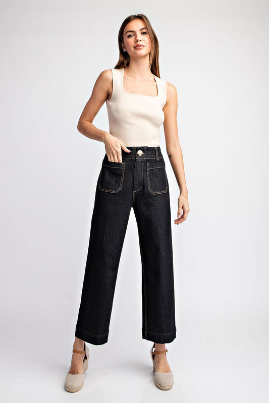 Black Denim Cropped Straight Leg Pants
