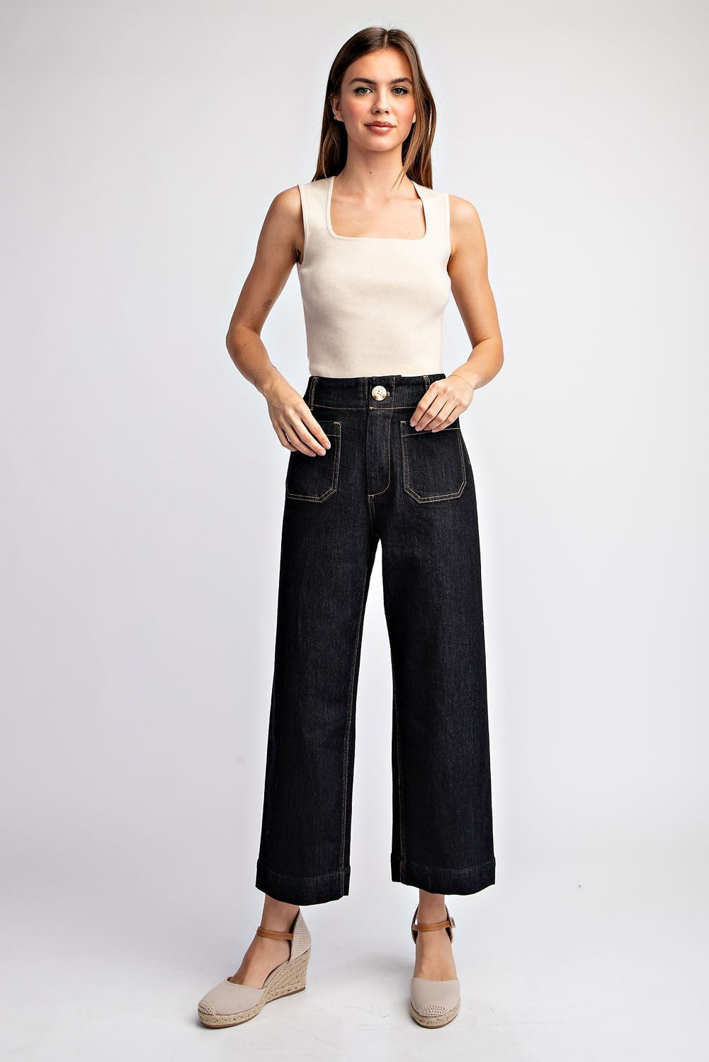 Black Denim Cropped Straight Leg Pants