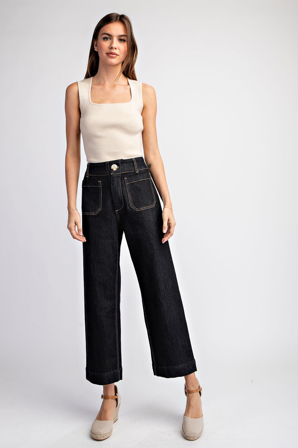 Black Denim Cropped Straight Leg Pants
