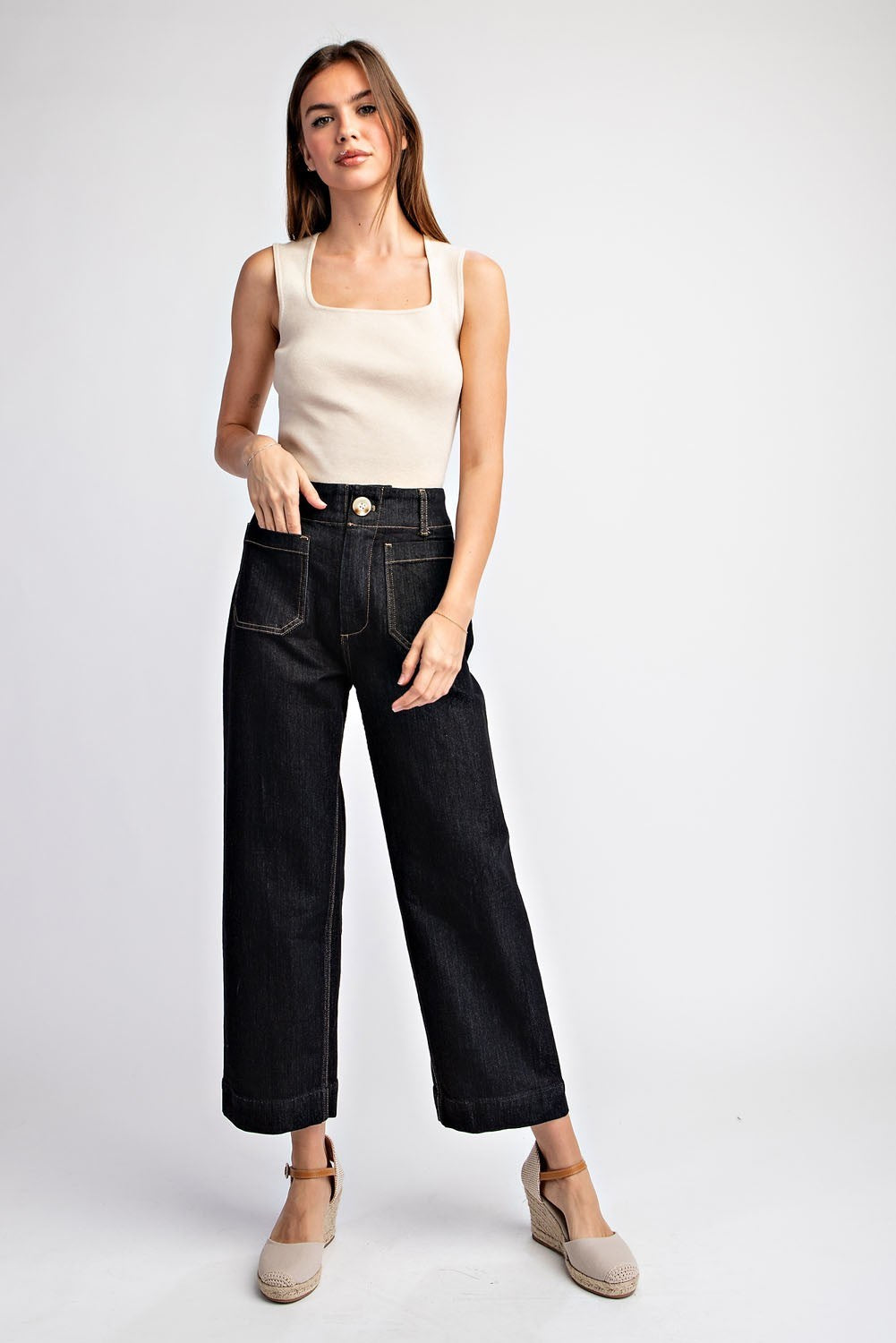 Black Denim Cropped Straight Leg Pants