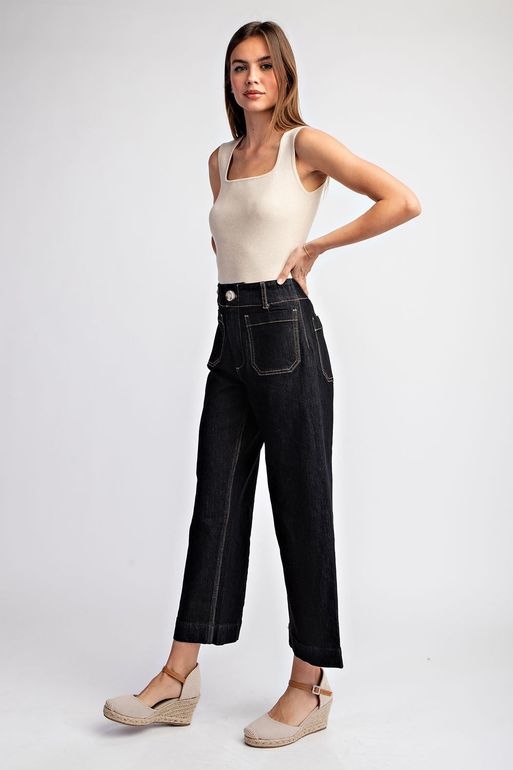 Black Denim Cropped Straight Leg Pants