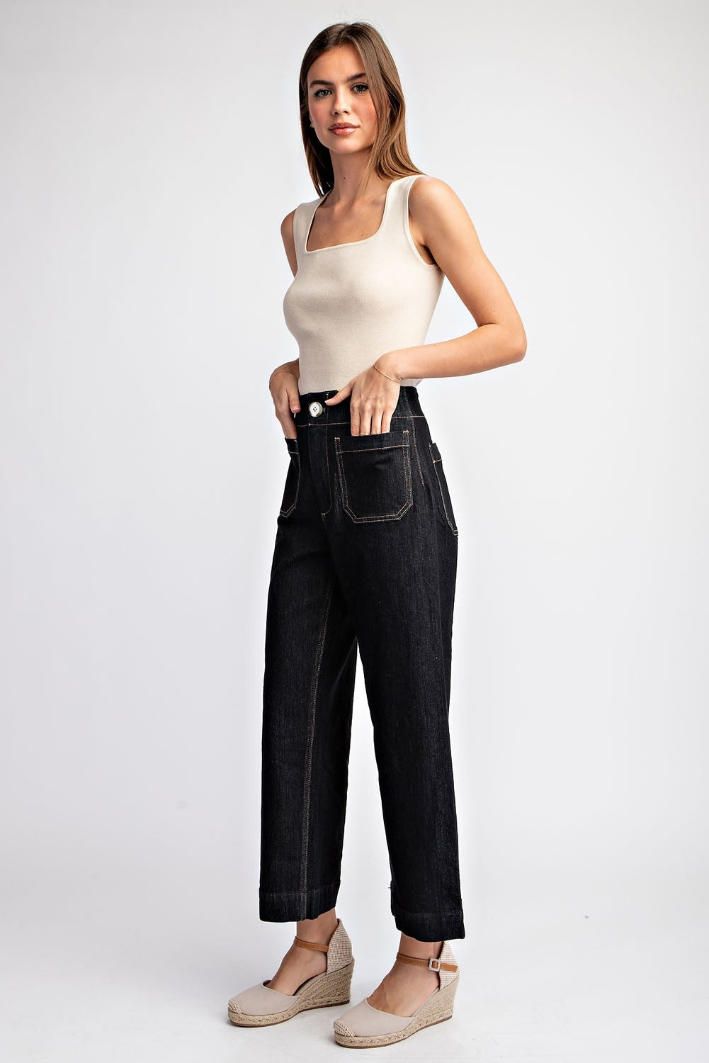 Black Denim Cropped Straight Leg Pants