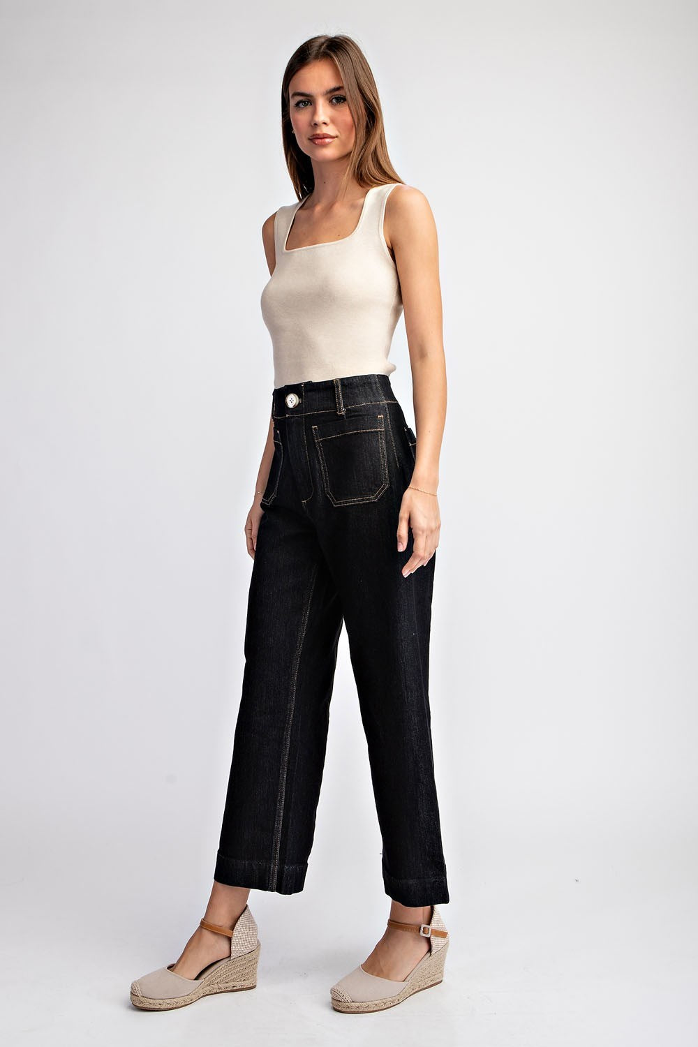 Black Denim Cropped Straight Leg Pants