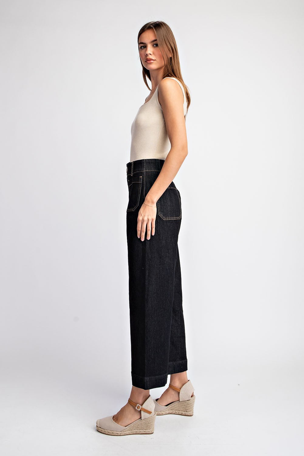 Black Denim Cropped Straight Leg Pants