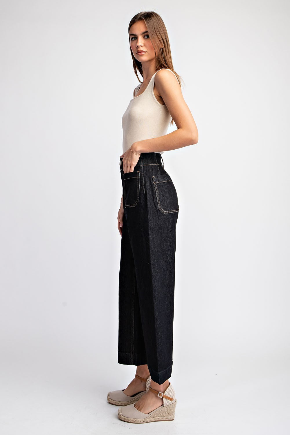 Black Denim Cropped Straight Leg Pants