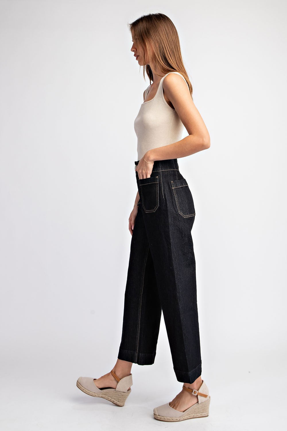 Black Denim Cropped Straight Leg Pants