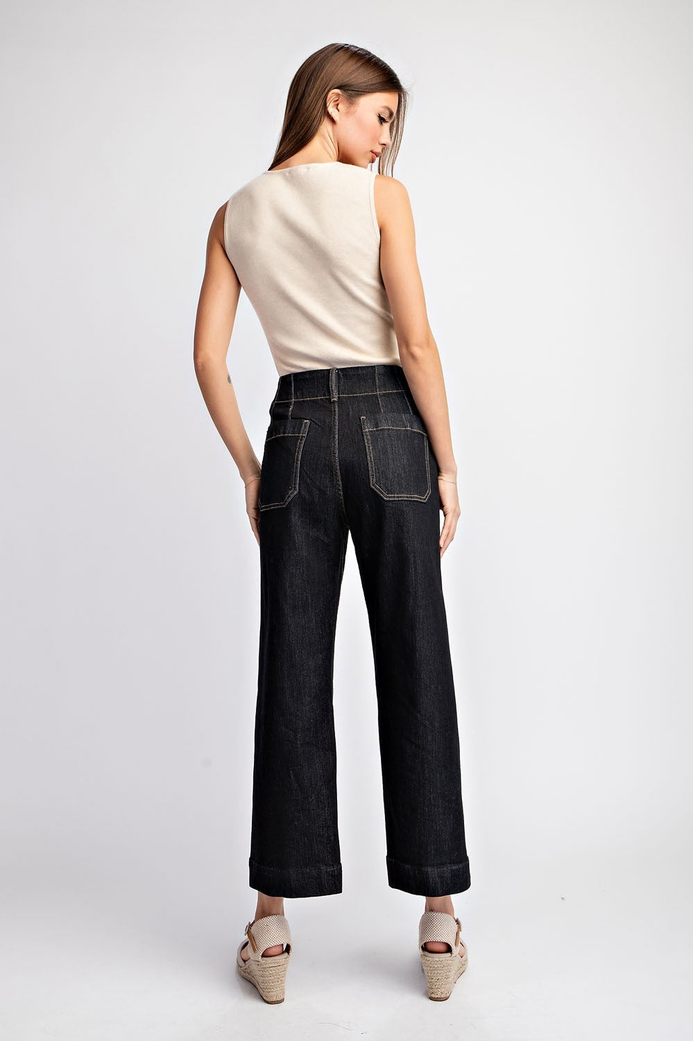 Black Denim Cropped Straight Leg Pants
